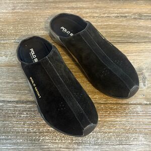 Vintage Polo Sport Ralph Lauren Suede Clog Shoes Womens 6.5 Black Gray Slip On